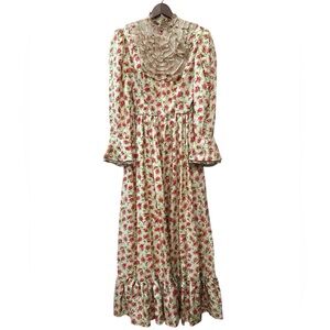 Vintage Handmade Floral Long Poof-Sleeve Ruffle detail Dress lined 1-of-a kind